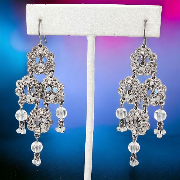 Boutique Earrings Hematite Tone Chandelier Style Crystals Dangle Women's 1H - Picture 3 of 4